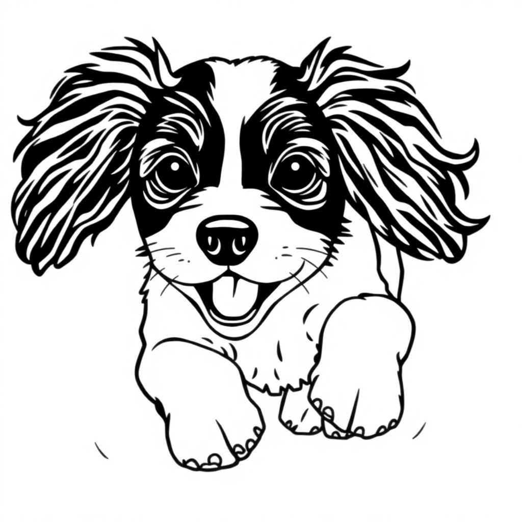 Cavalier King Charles Spaniel dog — playing and running, energetic and joyful coloring page Minimal style - free printable