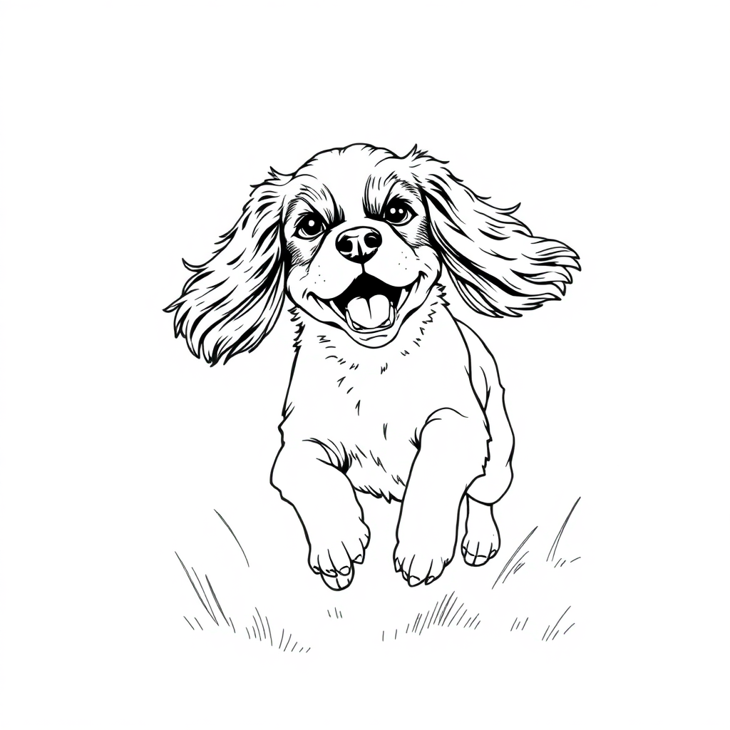 Cavalier King Charles Spaniel dog — playing and running, energetic and joyful coloring page Rockwell style - free printable