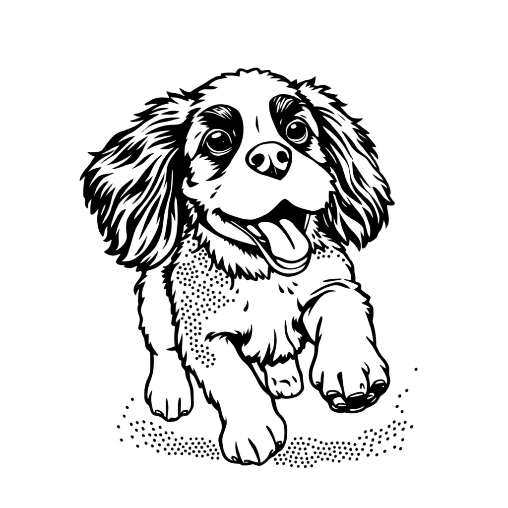 Cavalier King Charles Spaniel dog — playing and running, energetic and joyful coloring page Stipple style - free printable