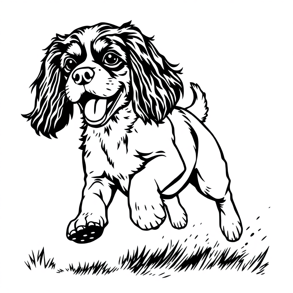 Cavalier King Charles Spaniel dog — playing and running, energetic and joyful coloring page Woodcut style - free printable