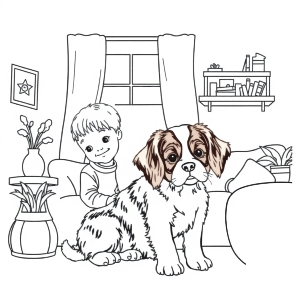 Cavalier King Charles Spaniel dog — with a young child in a cozy home setting coloring page Contour style - free printable