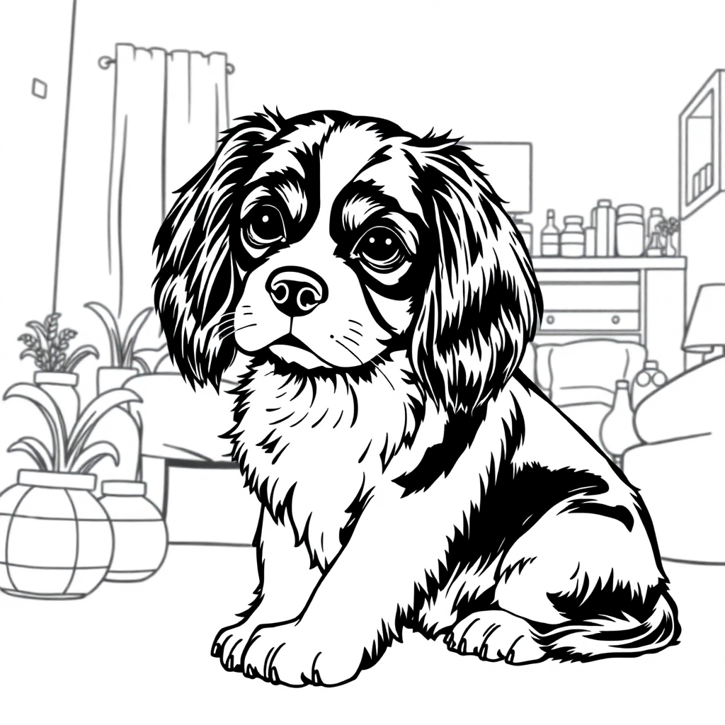 Cavalier King Charles Spaniel dog — with a young child in a cozy home setting coloring page Manga style - free printable