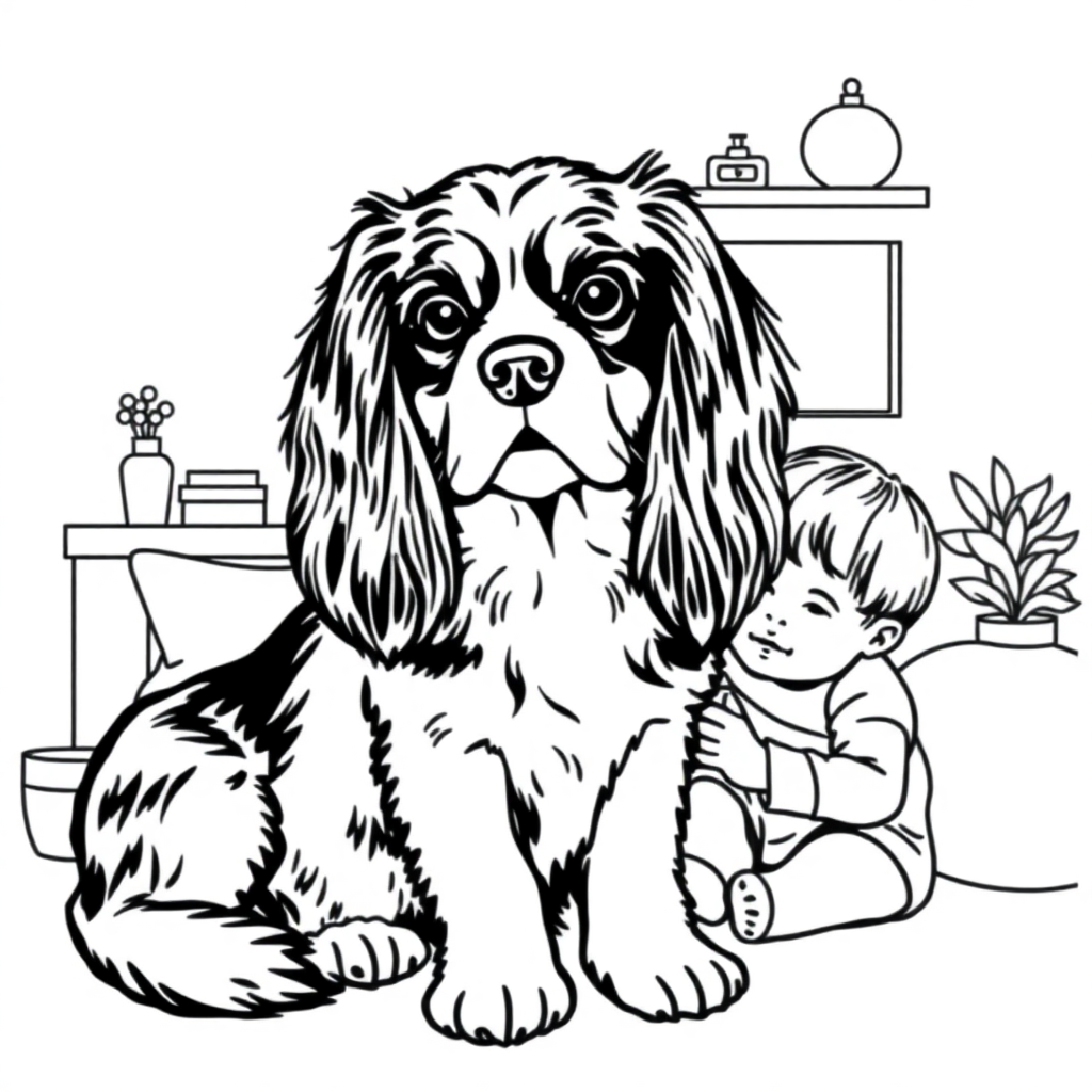 Cavalier King Charles Spaniel dog — with a young child in a cozy home setting coloring page Minimal style - free printable