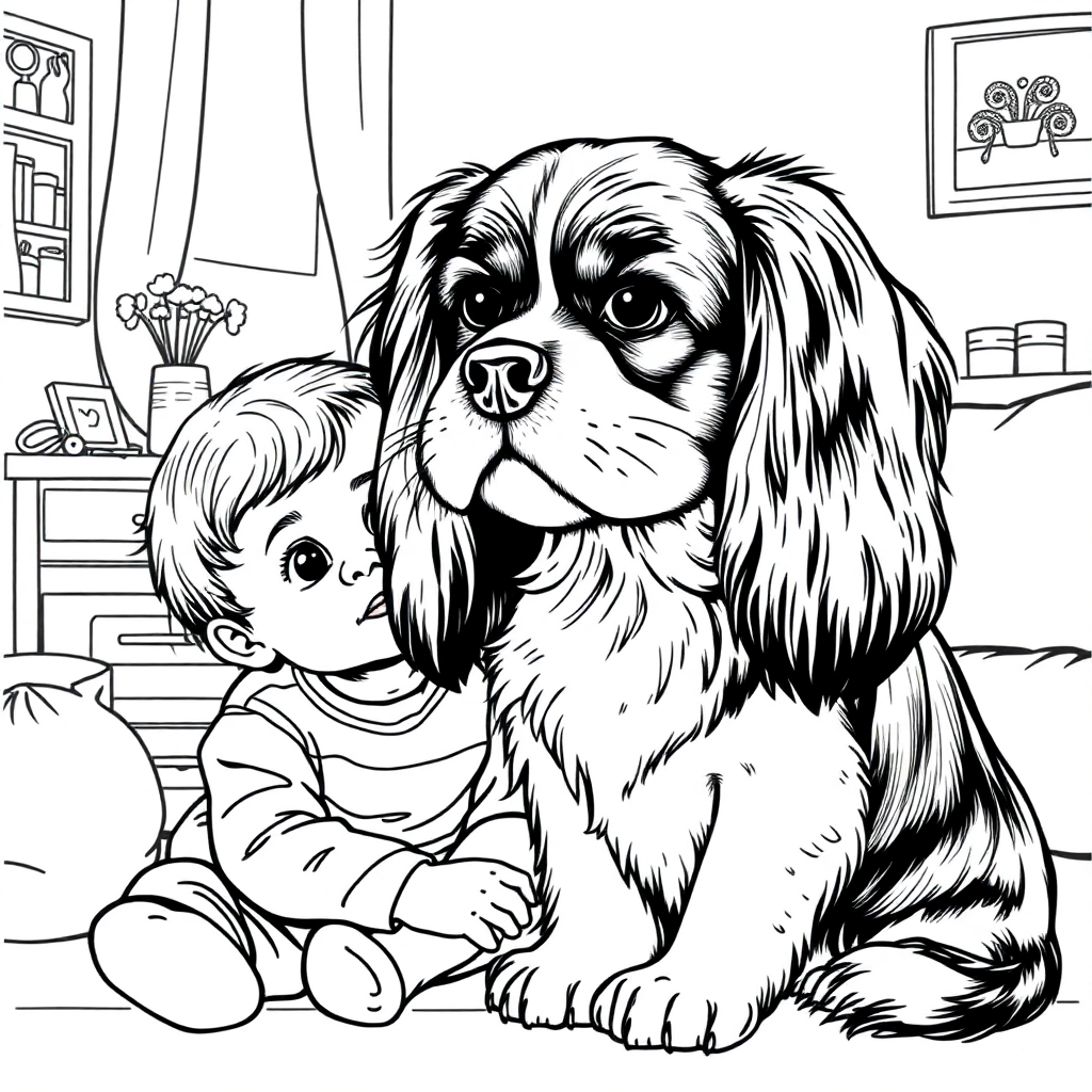 Free cavalier king charles spaniel dog — with a young child in a cozy home setting coloring page in rockwell style — printable line art
