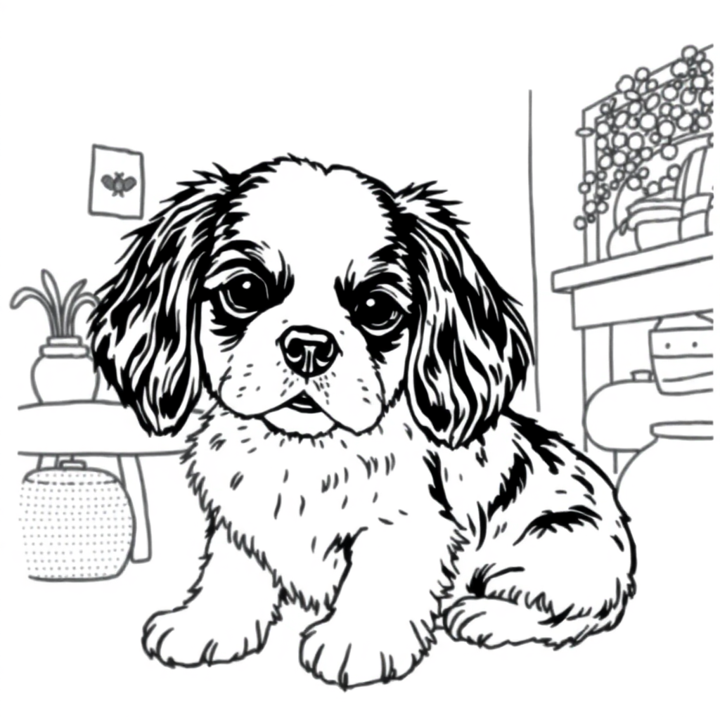 Cavalier King Charles Spaniel dog — with a young child in a cozy home setting coloring page Stipple style - free printable