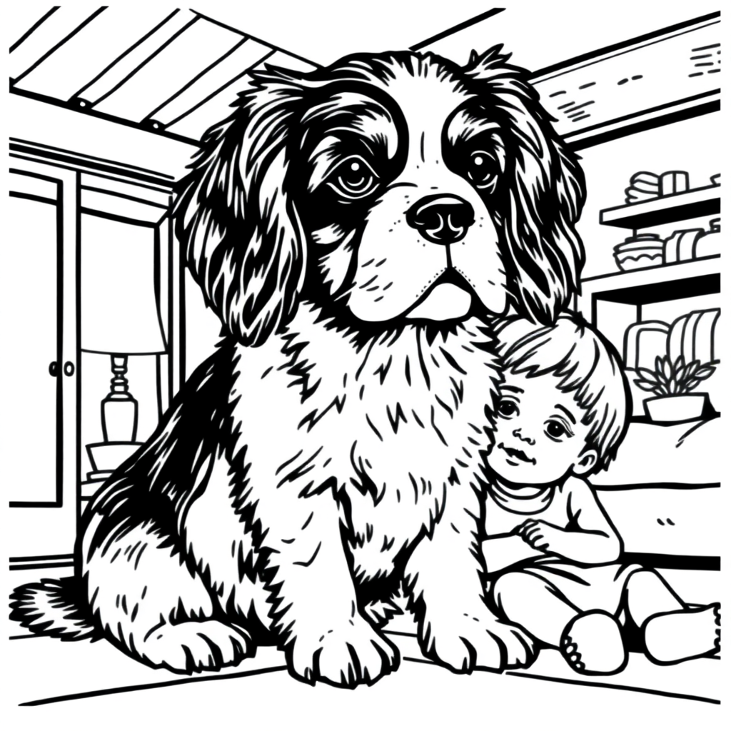 Cavalier King Charles Spaniel dog — with a young child in a cozy home setting coloring page Woodcut style - free printable