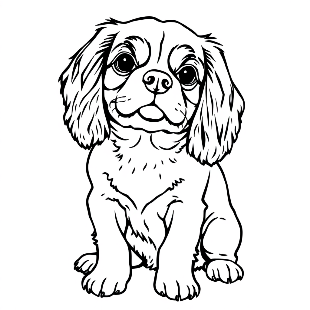 Cavalier King Charles Spaniel dog — sitting portrait, looking at viewer, friendly expression coloring page Contour style - free printable