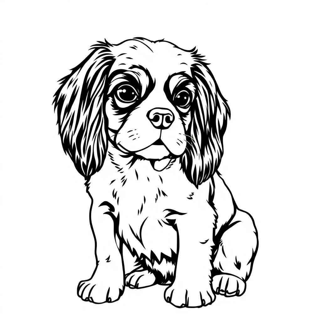 Cavalier King Charles Spaniel dog — sitting portrait, looking at viewer, friendly expression coloring page Manga style - free printable