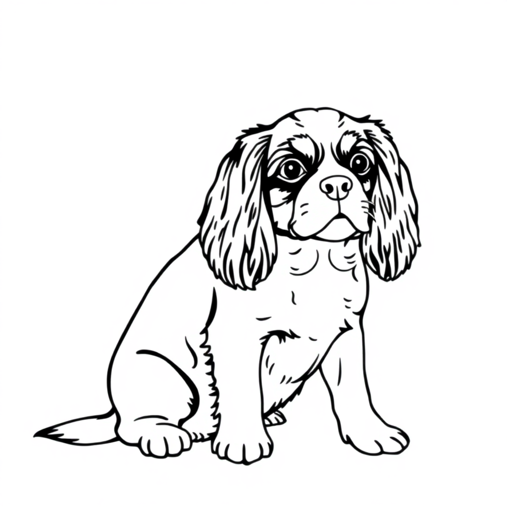 Cavalier King Charles Spaniel dog — sitting portrait, looking at viewer, friendly expression coloring page Minimal style - free printable
