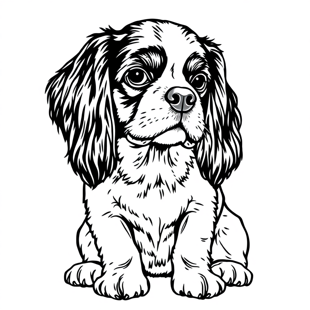 Cavalier King Charles Spaniel dog — sitting portrait, looking at viewer, friendly expression coloring page Rockwell style - free printable