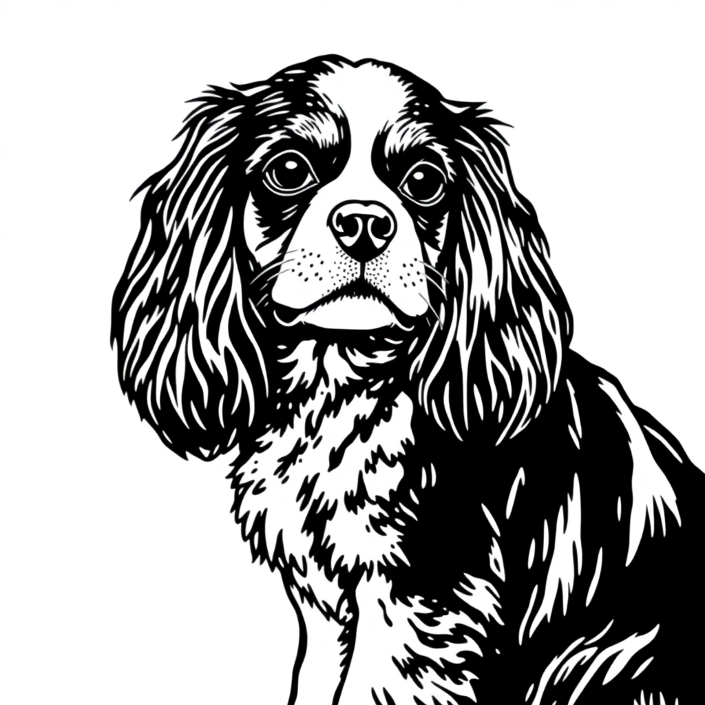 Cavalier King Charles Spaniel dog — sitting portrait, looking at viewer, friendly expression coloring page Stipple style - free printable