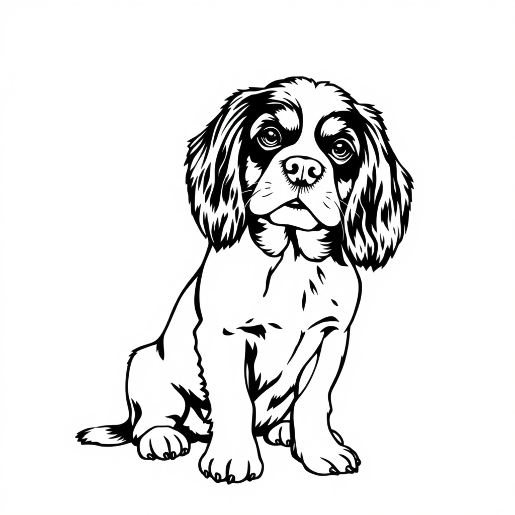 Cavalier King Charles Spaniel dog — sitting portrait, looking at viewer, friendly expression coloring page Woodcut style - free printable