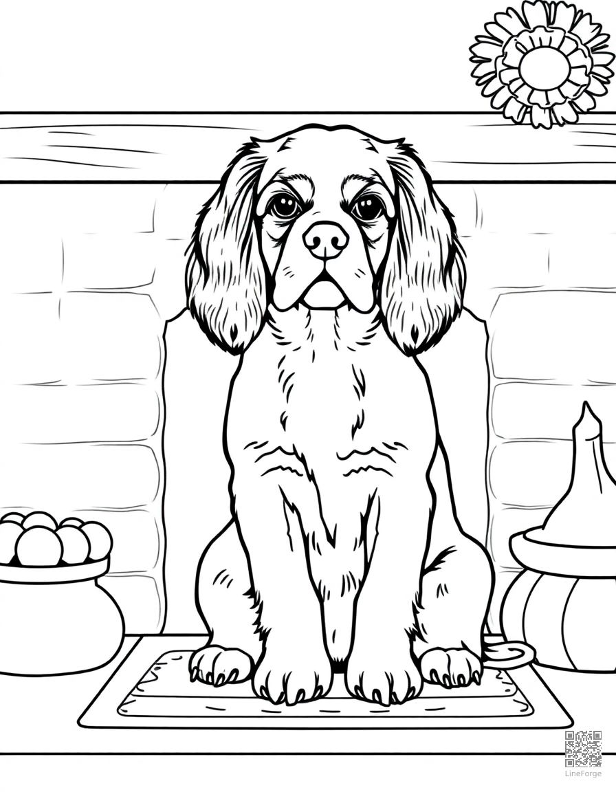 Free cavalier king charles spaniel sitting by a fireplace coloring page in contour style — printable line art