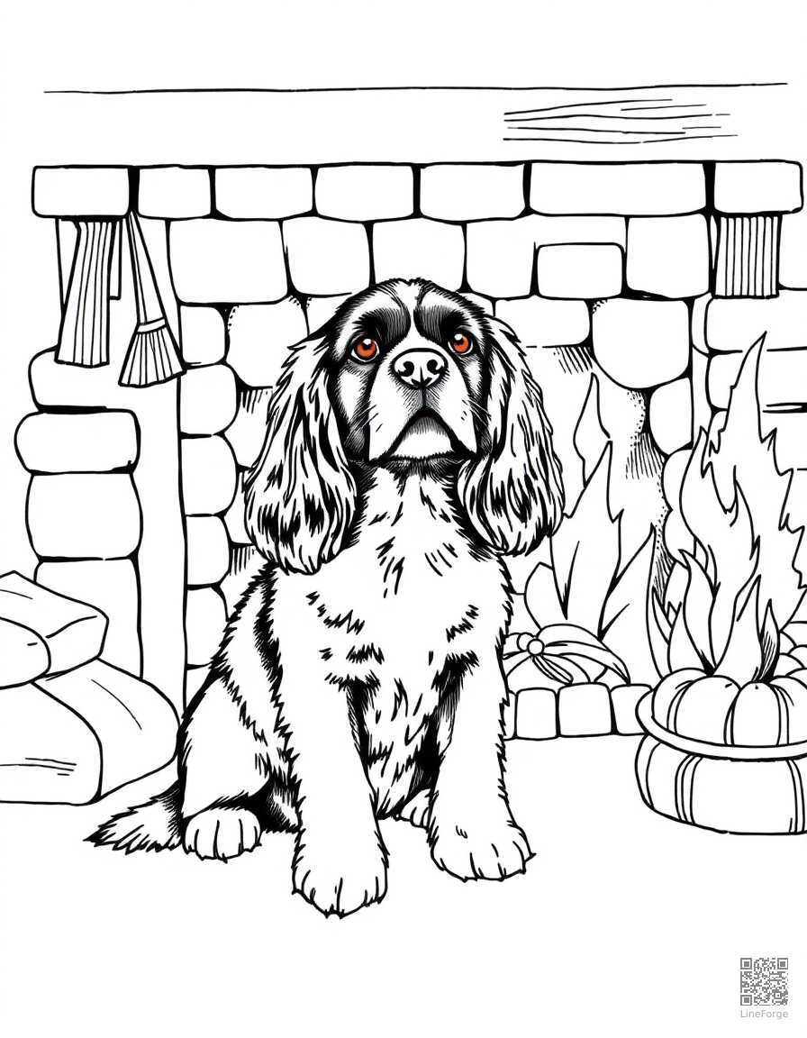 cavalier king charles spaniel sitting by a fireplace coloring page Crosshatch style - free printable