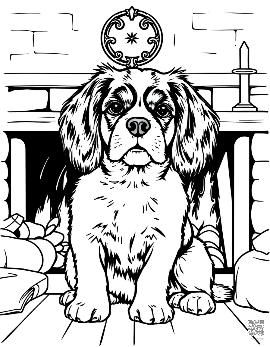 Free cavalier king charles spaniel sitting by a fireplace coloring page in manga style — printable line art