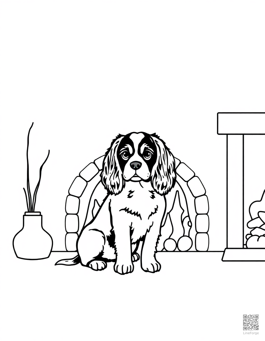 cavalier king charles spaniel sitting by a fireplace coloring page Minimal style - free printable