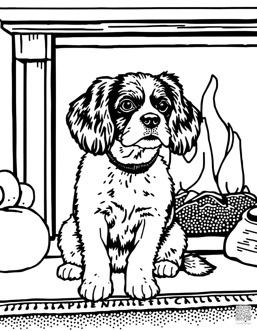 Free cavalier king charles spaniel sitting by a fireplace coloring page in stipple style — printable line art