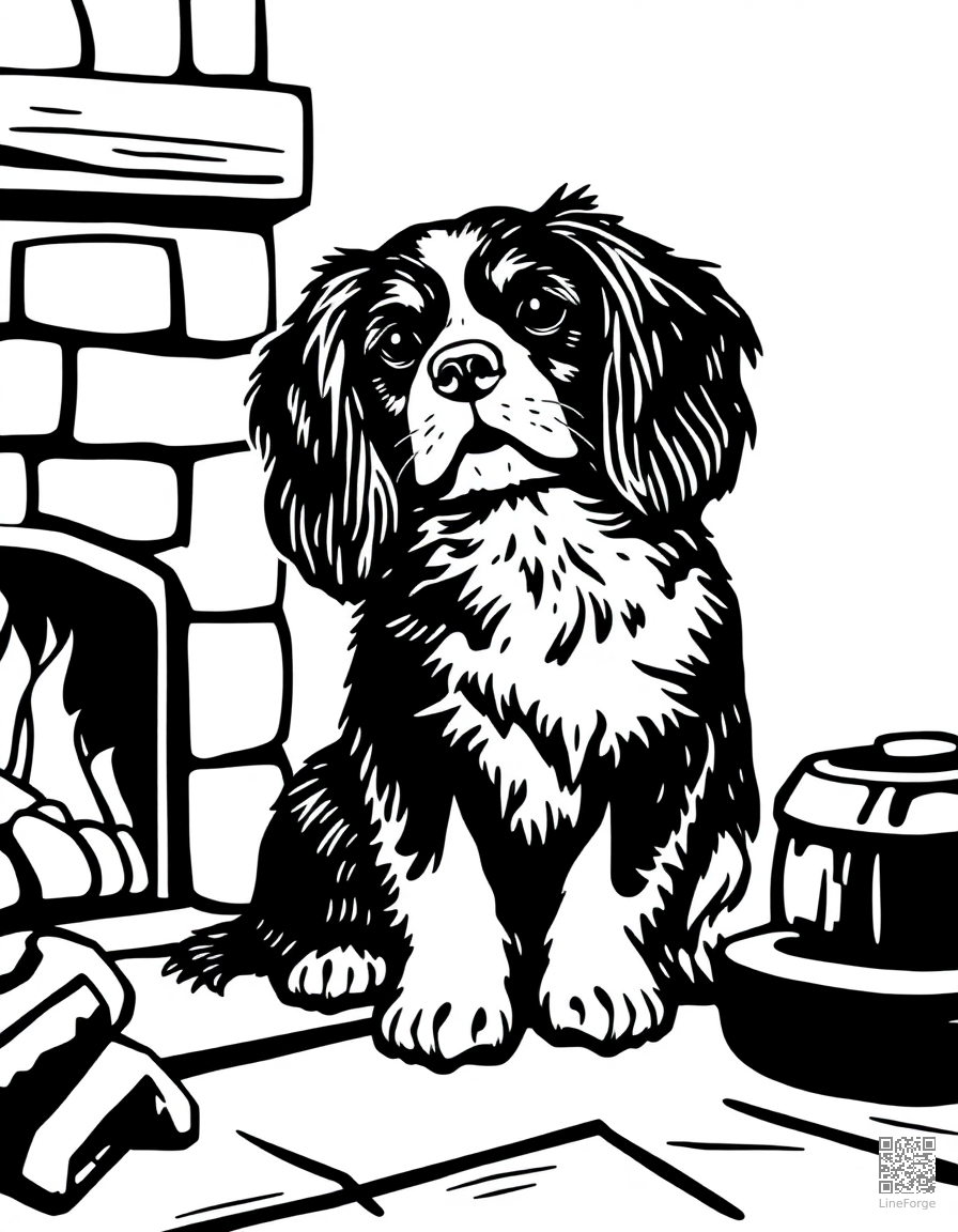 cavalier king charles spaniel sitting by a fireplace coloring page Woodcut style - free printable