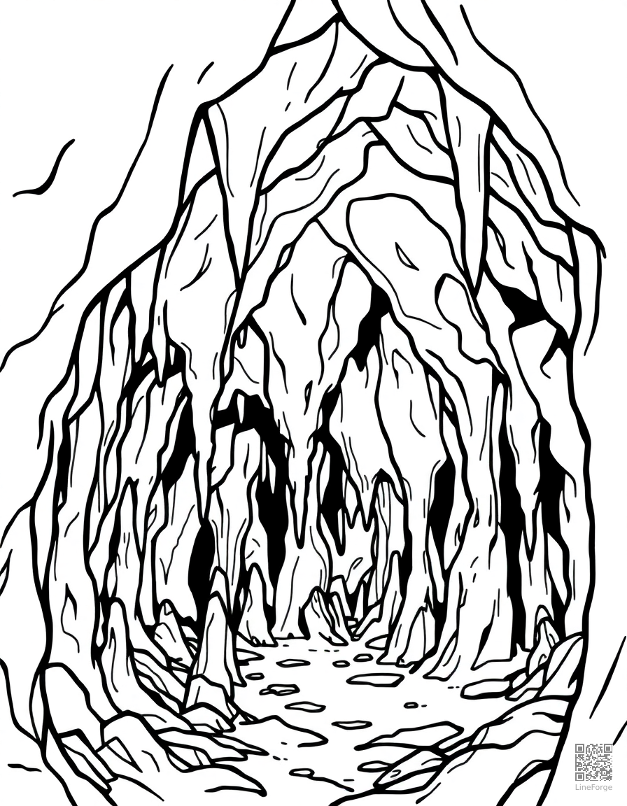 cave interior with stalactites and stalagmites coloring page Contour style - free printable
