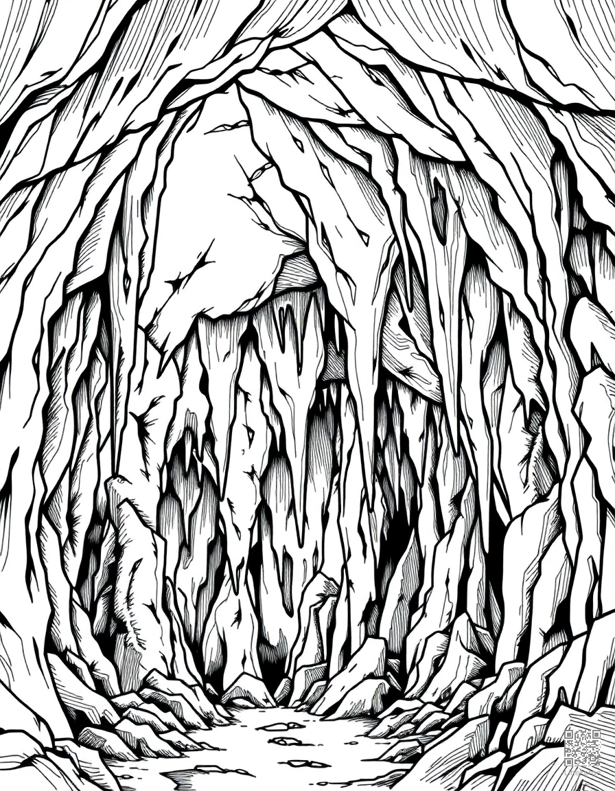 cave interior with stalactites and stalagmites coloring page Crosshatch style - free printable