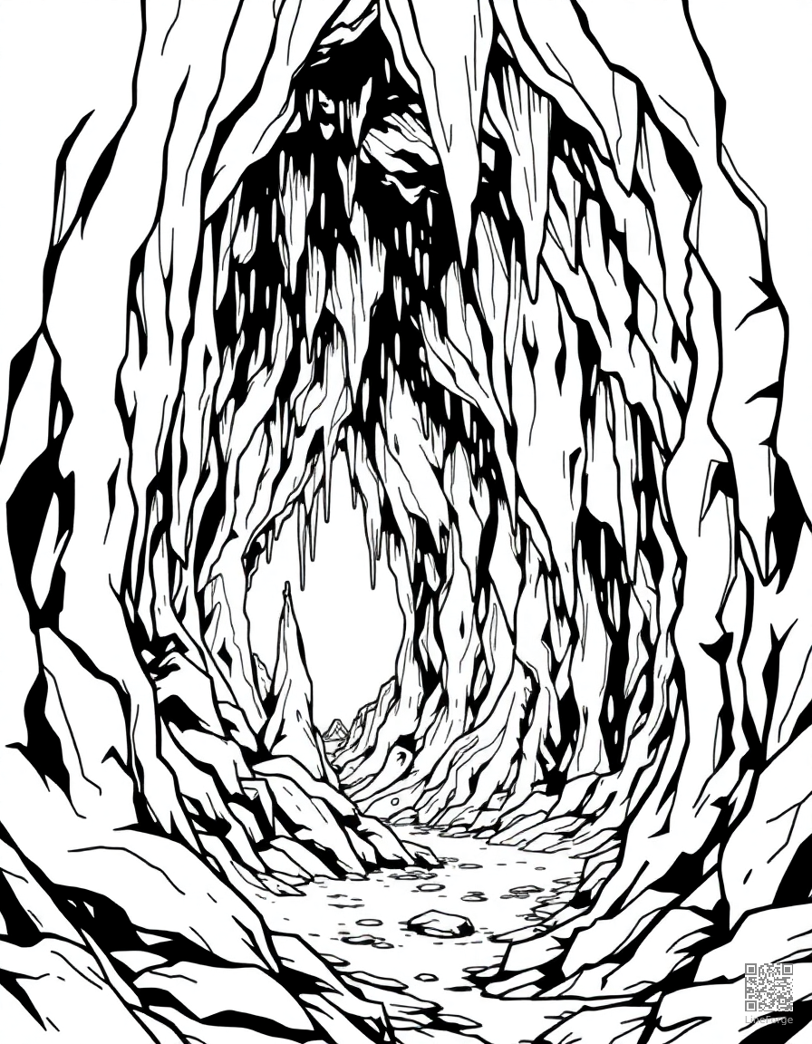 cave interior with stalactites and stalagmites coloring page Manga style - free printable
