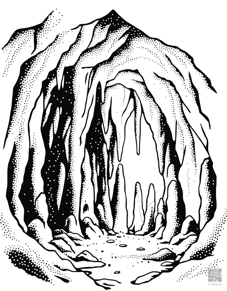 cave interior with stalactites and stalagmites coloring page Stipple style - free printable