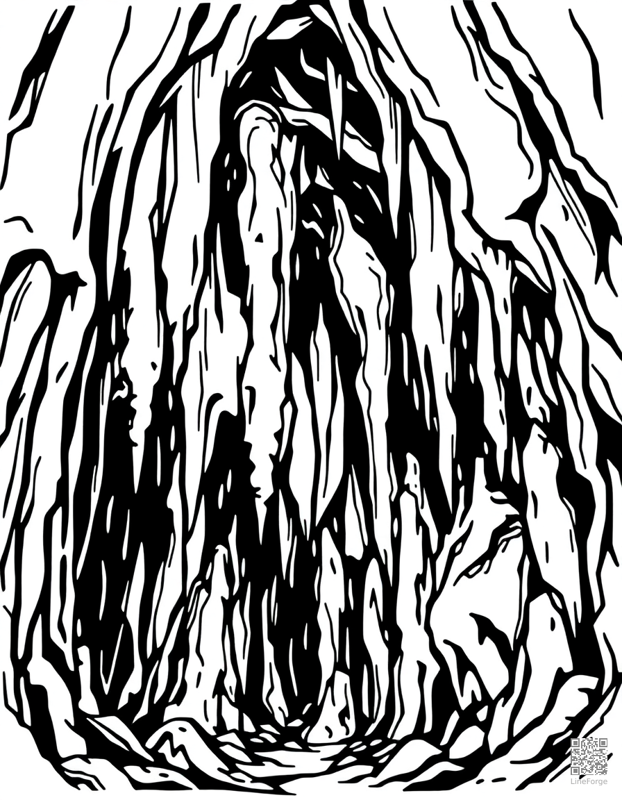 cave interior with stalactites and stalagmites coloring page Woodcut style - free printable