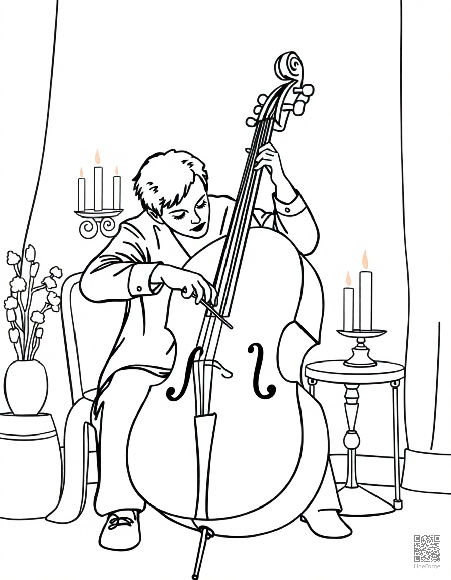 cello being played in a candlelit room coloring page Contour style - free printable