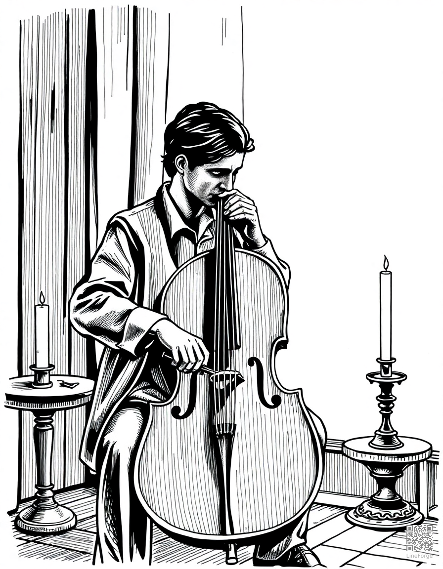 cello being played in a candlelit room coloring page Crosshatch style - free printable