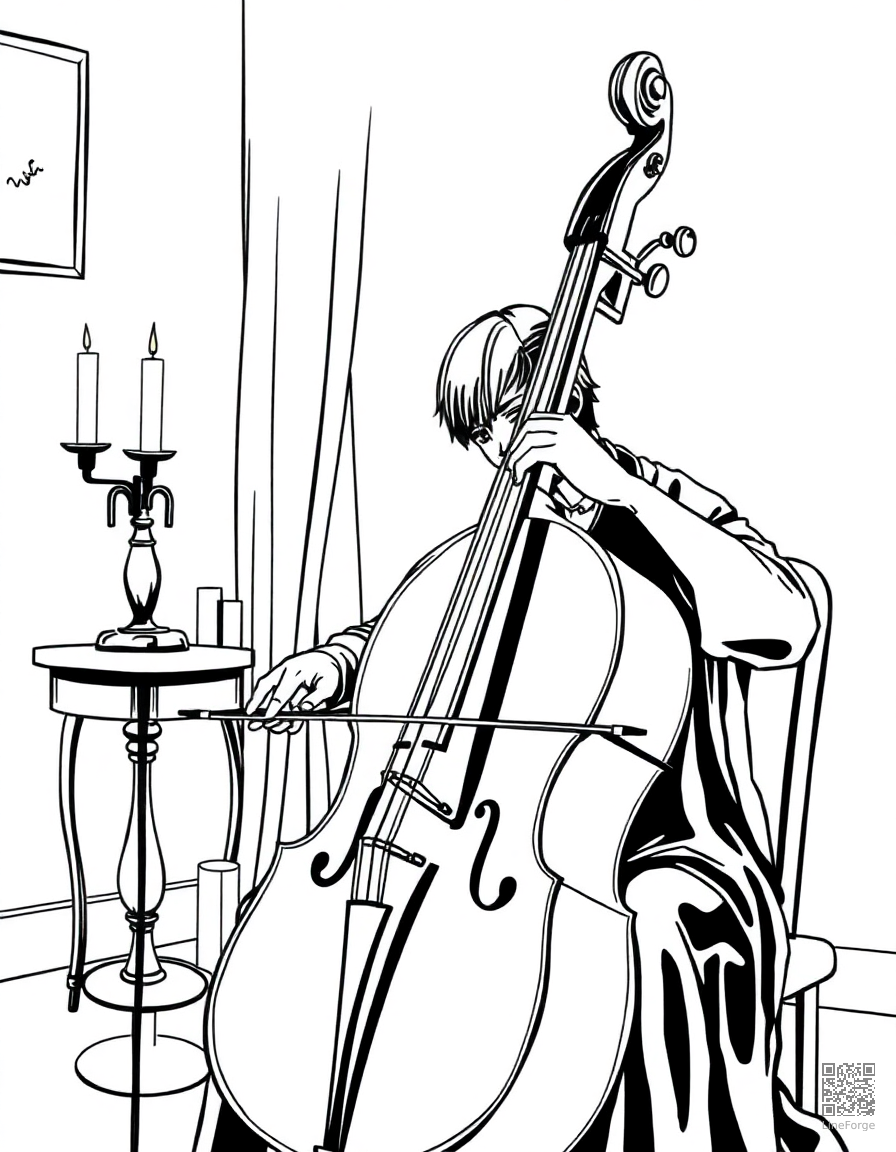 cello being played in a candlelit room coloring page Manga style - free printable