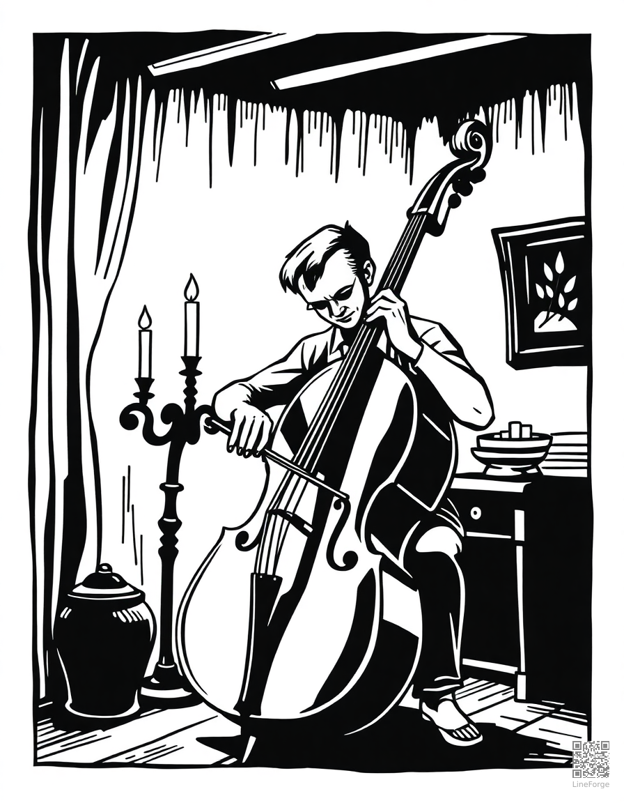 cello being played in a candlelit room coloring page Woodcut style - free printable