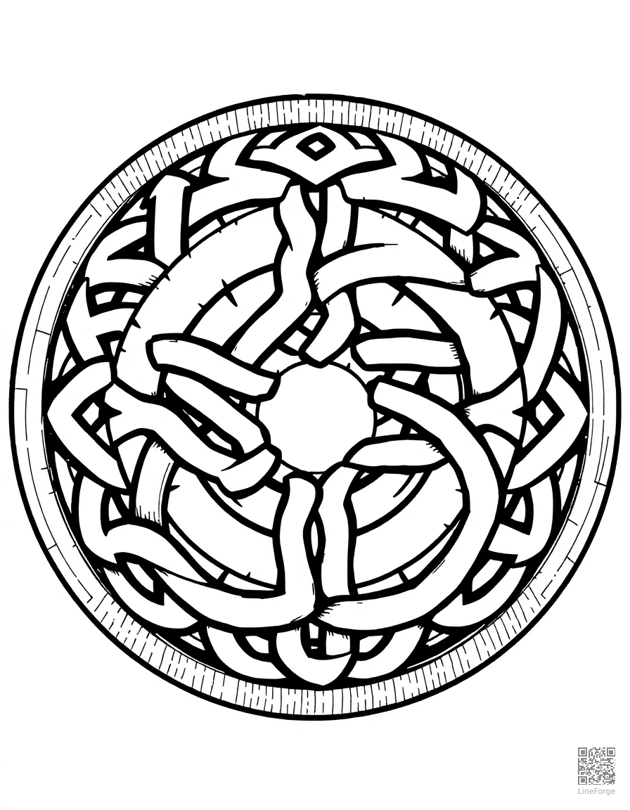 Free celtic knot circular design coloring page in crosshatch style — printable line art