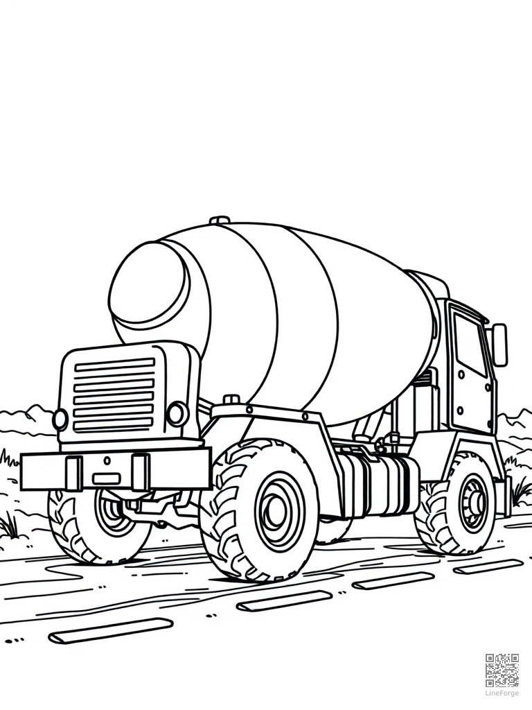 Cement mixer truck on a construction road coloring page Contour style - free printable
