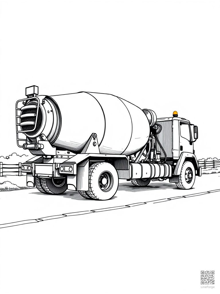 Cement mixer truck on a construction road coloring page Crosshatch style - free printable