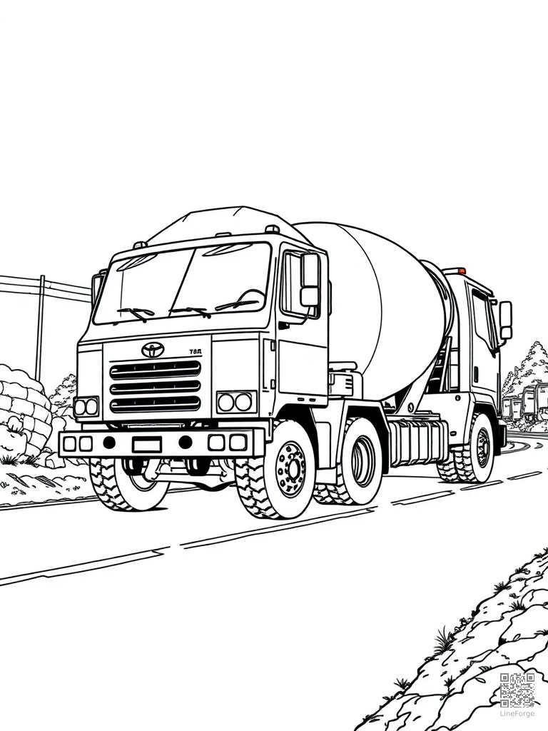 Cement mixer truck on a construction road coloring page Manga style - free printable