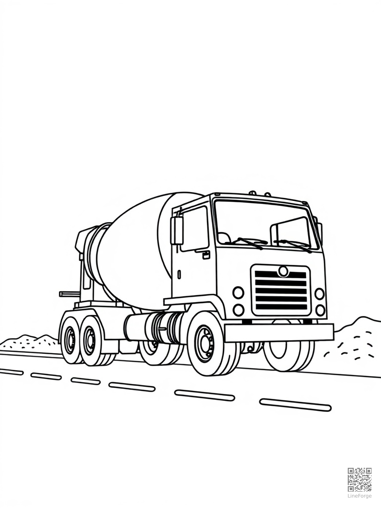 Cement mixer truck on a construction road coloring page Minimal style - free printable