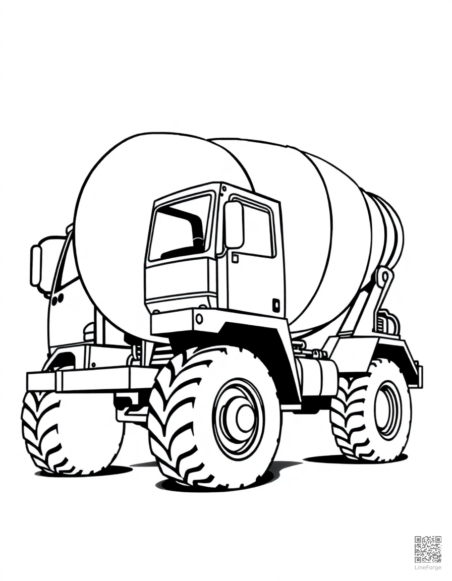 Free cement mixer truck spinning coloring page in contour style — printable line art