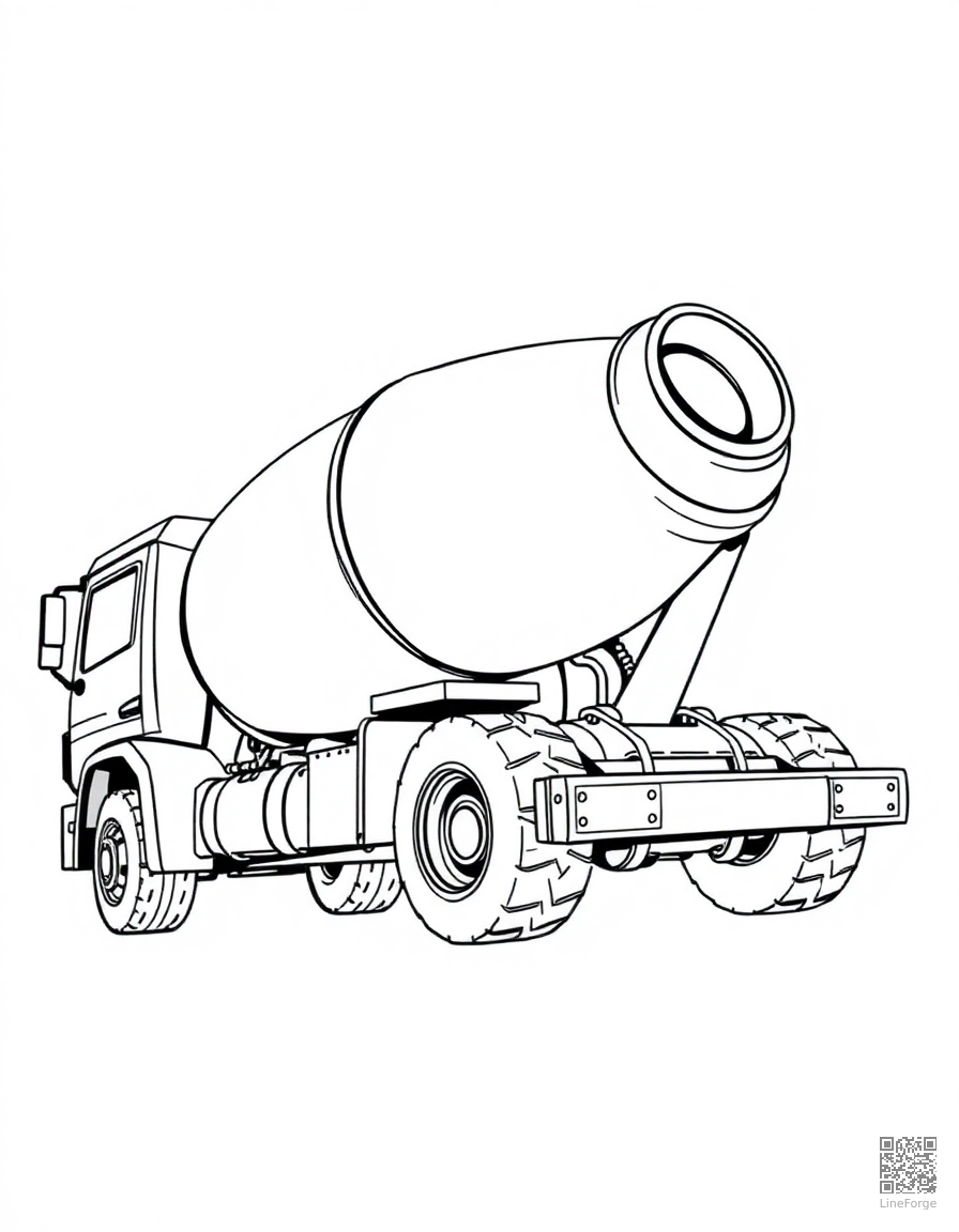 Free cement mixer truck spinning coloring page in manga style — printable line art