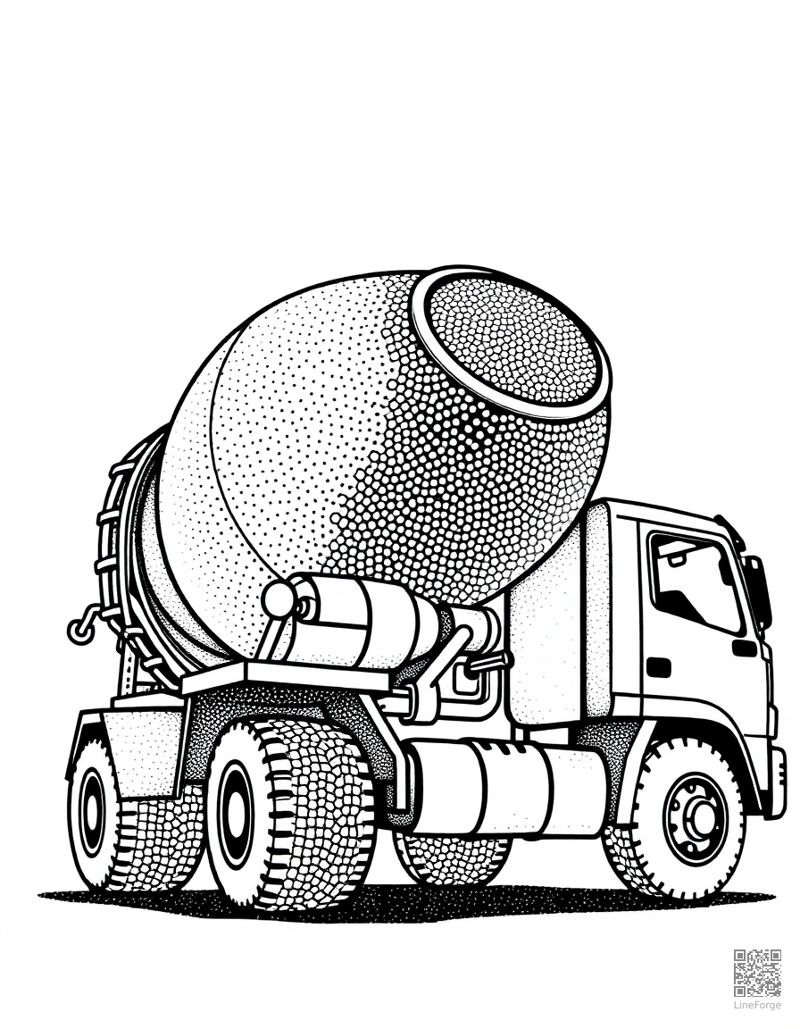 Free cement mixer truck spinning coloring page in stipple style — printable line art