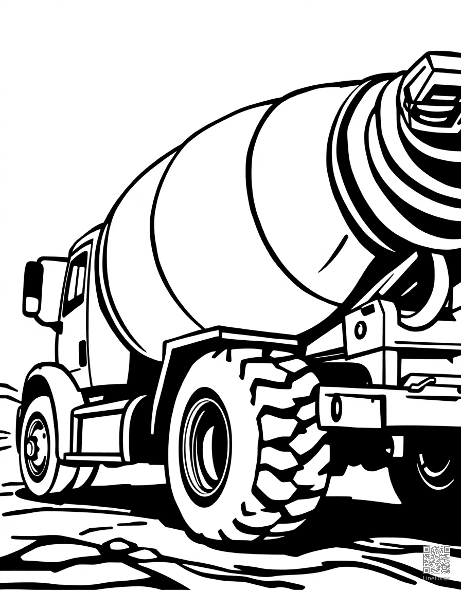 cement mixer truck spinning coloring page Woodcut style - free printable