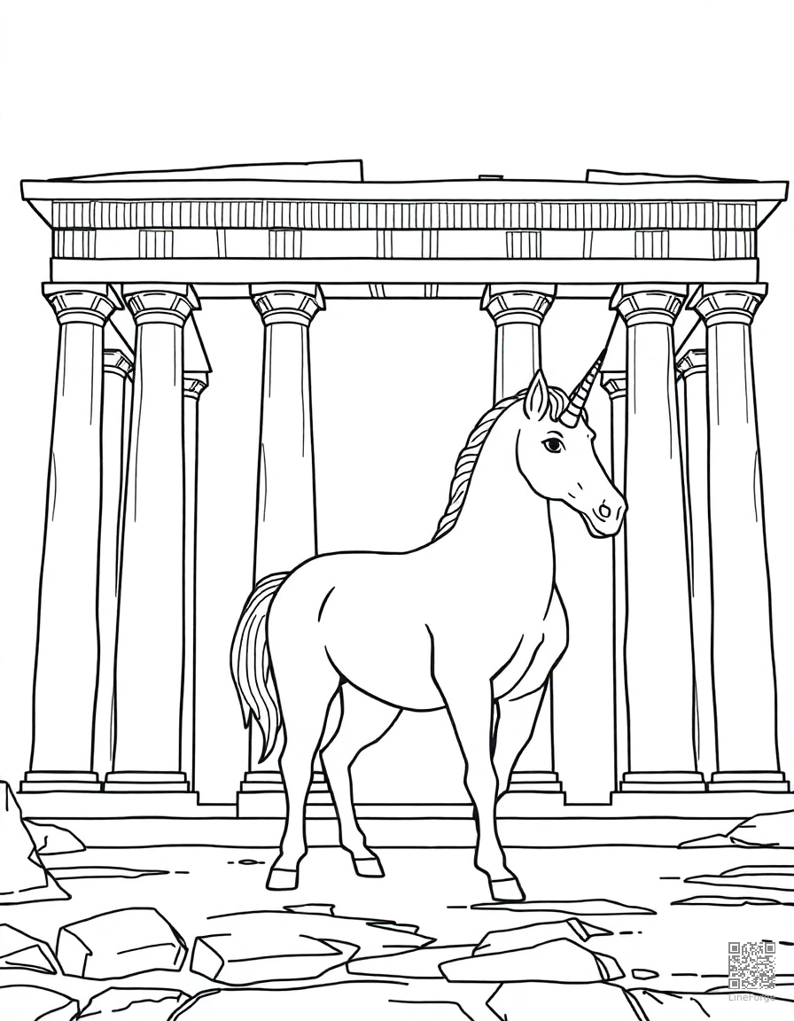 Free centaur standing in an ancient greek temple coloring page in contour style — printable line art