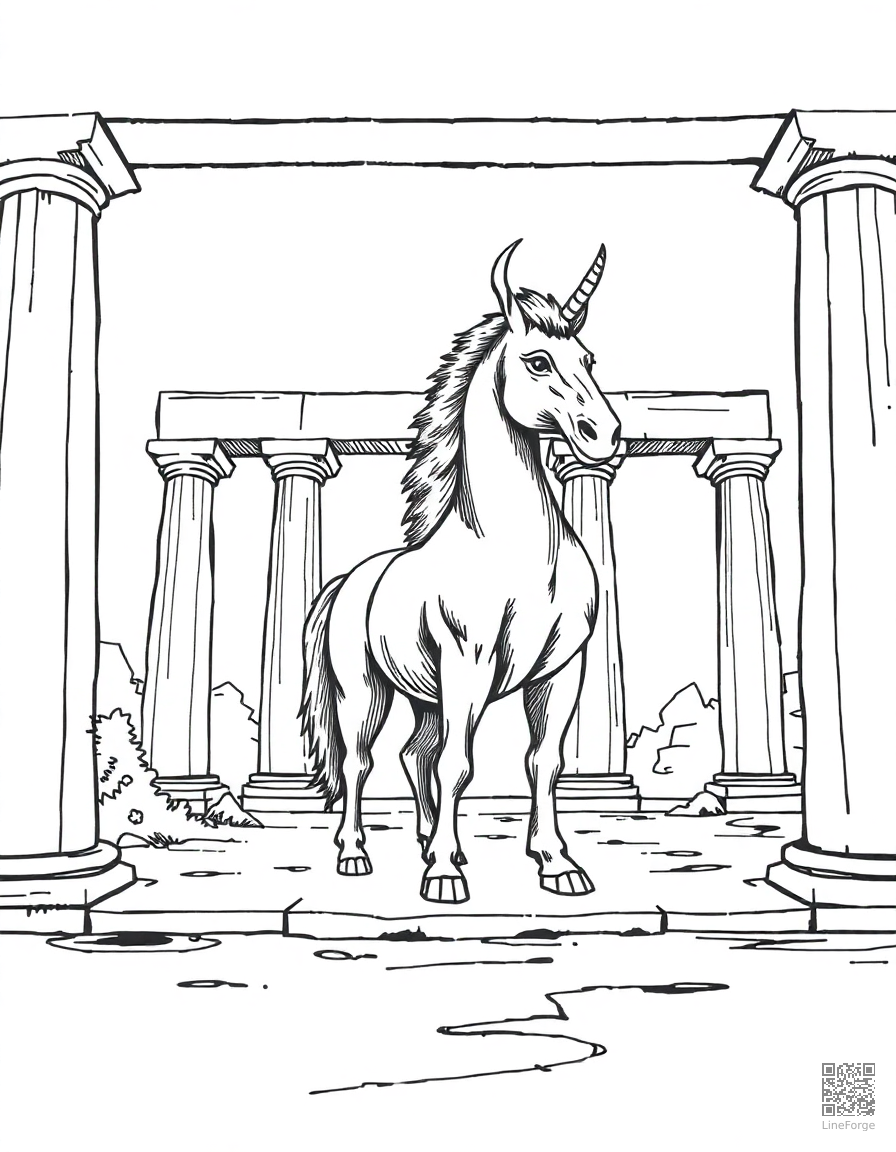 Free centaur standing in an ancient greek temple coloring page in crosshatch style — printable line art