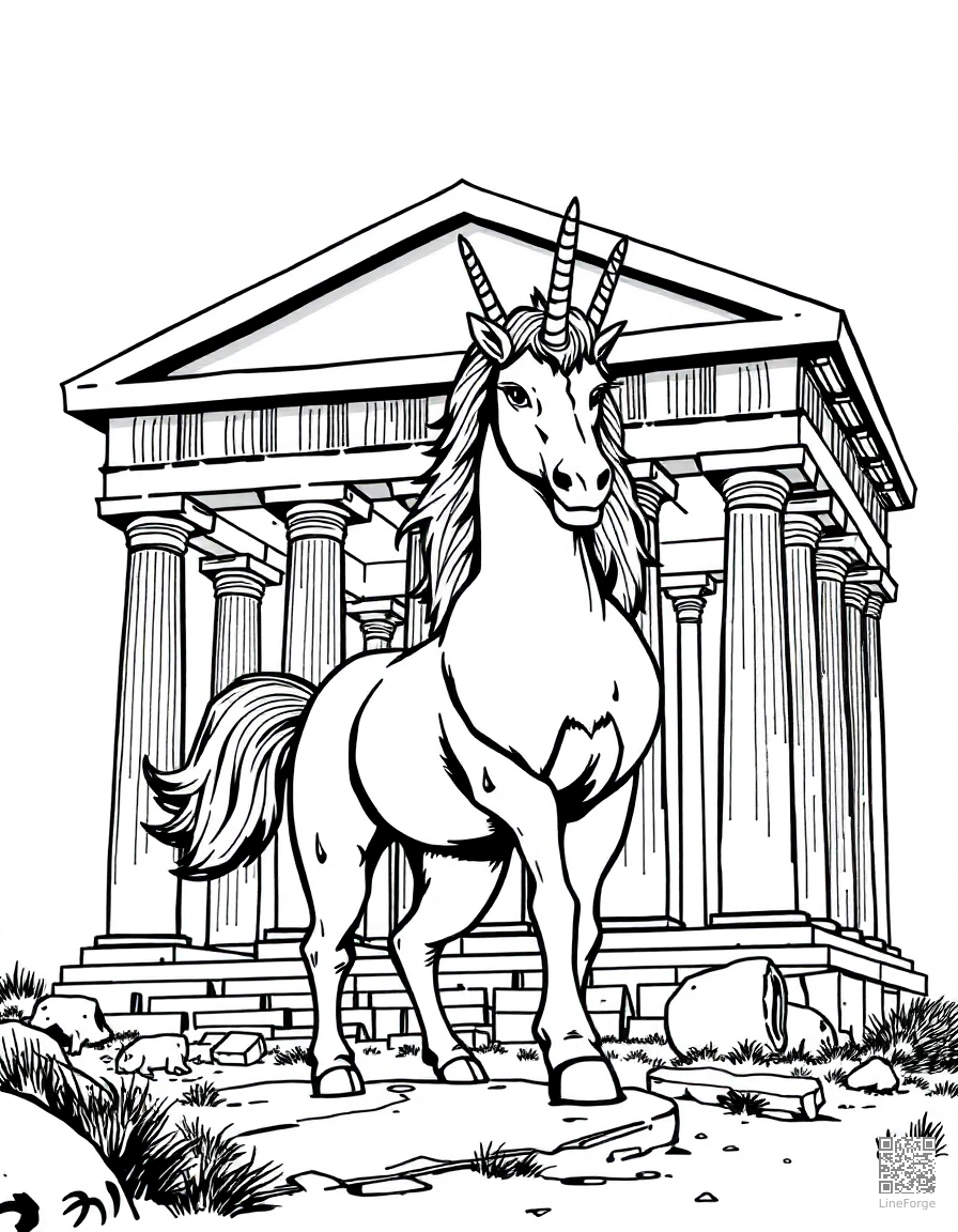 Free centaur standing in an ancient greek temple coloring page in manga style — printable line art