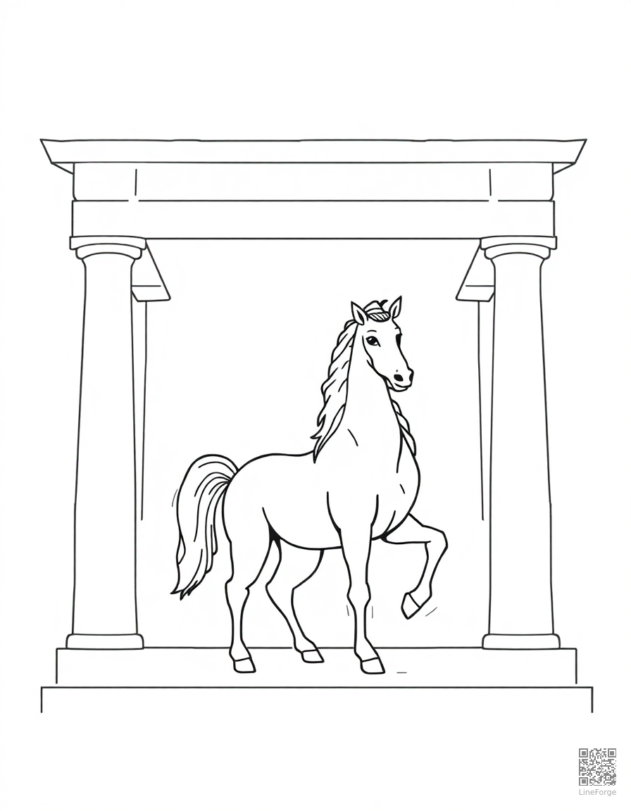 Free centaur standing in an ancient greek temple coloring page in minimal style — printable line art