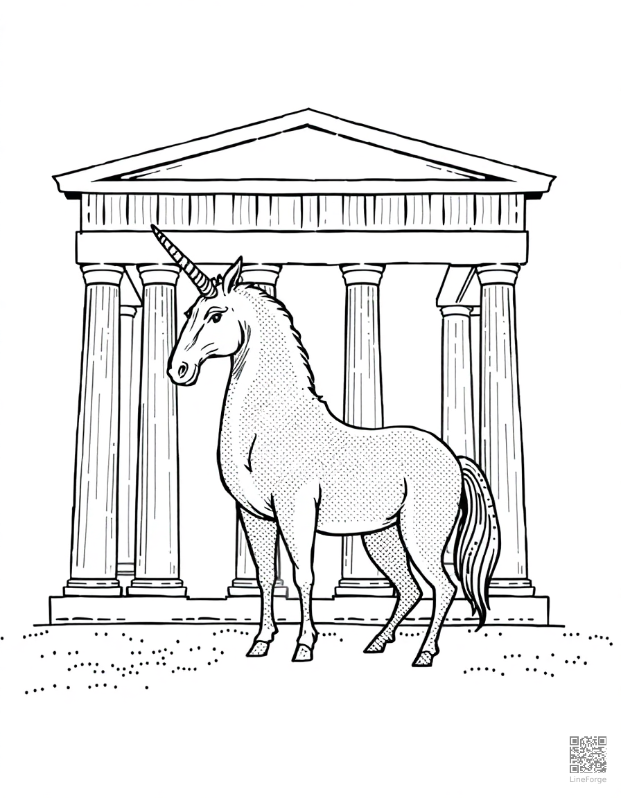Free centaur standing in an ancient greek temple coloring page in stipple style — printable line art