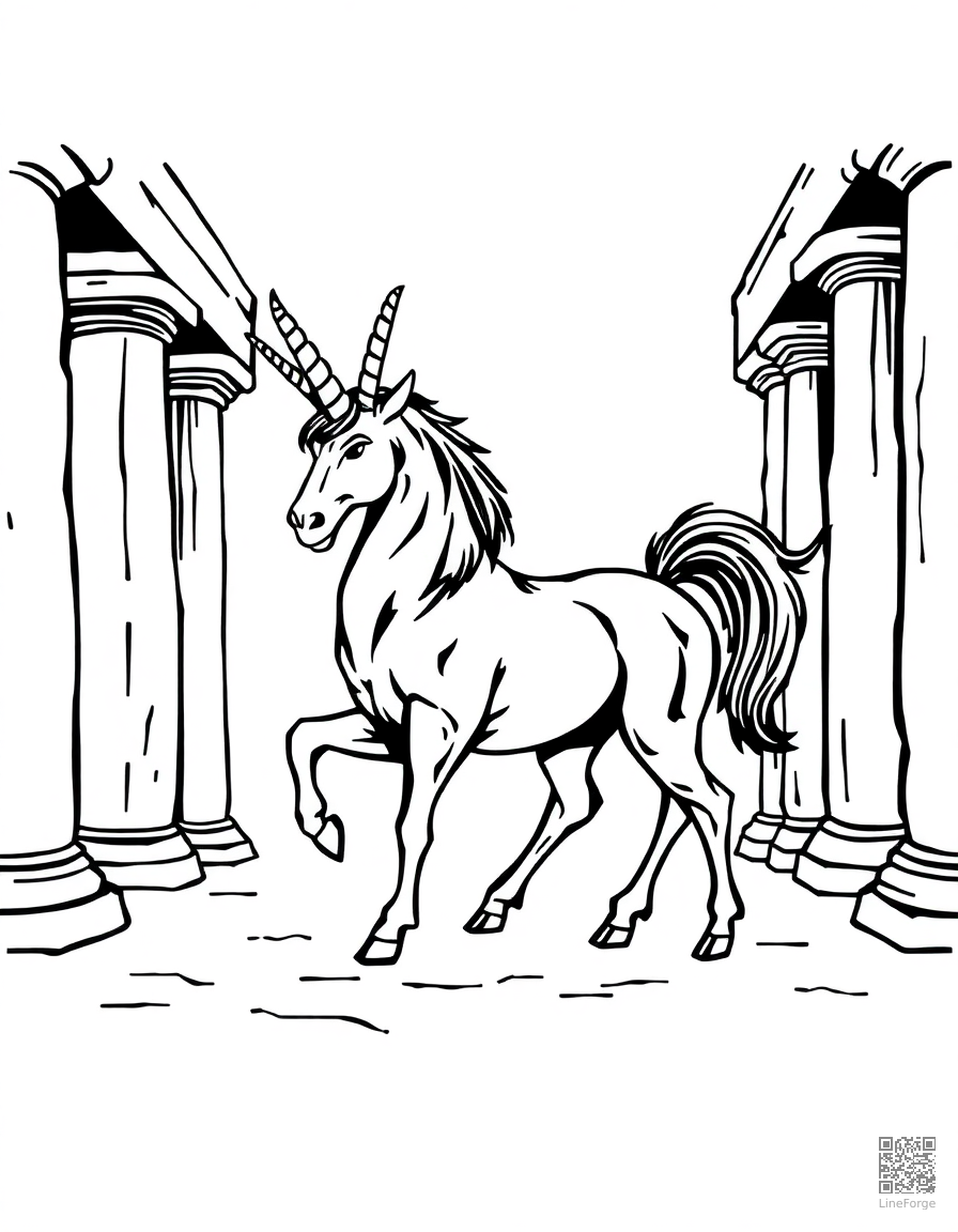 Free centaur standing in an ancient greek temple coloring page in woodcut style — printable line art