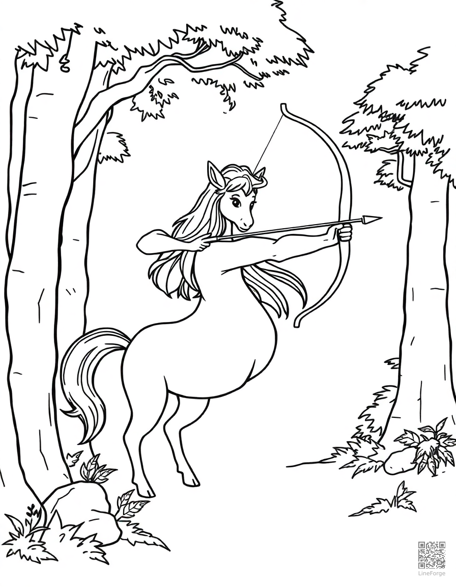 centaur teaching archery in a forest coloring page Contour style - free printable