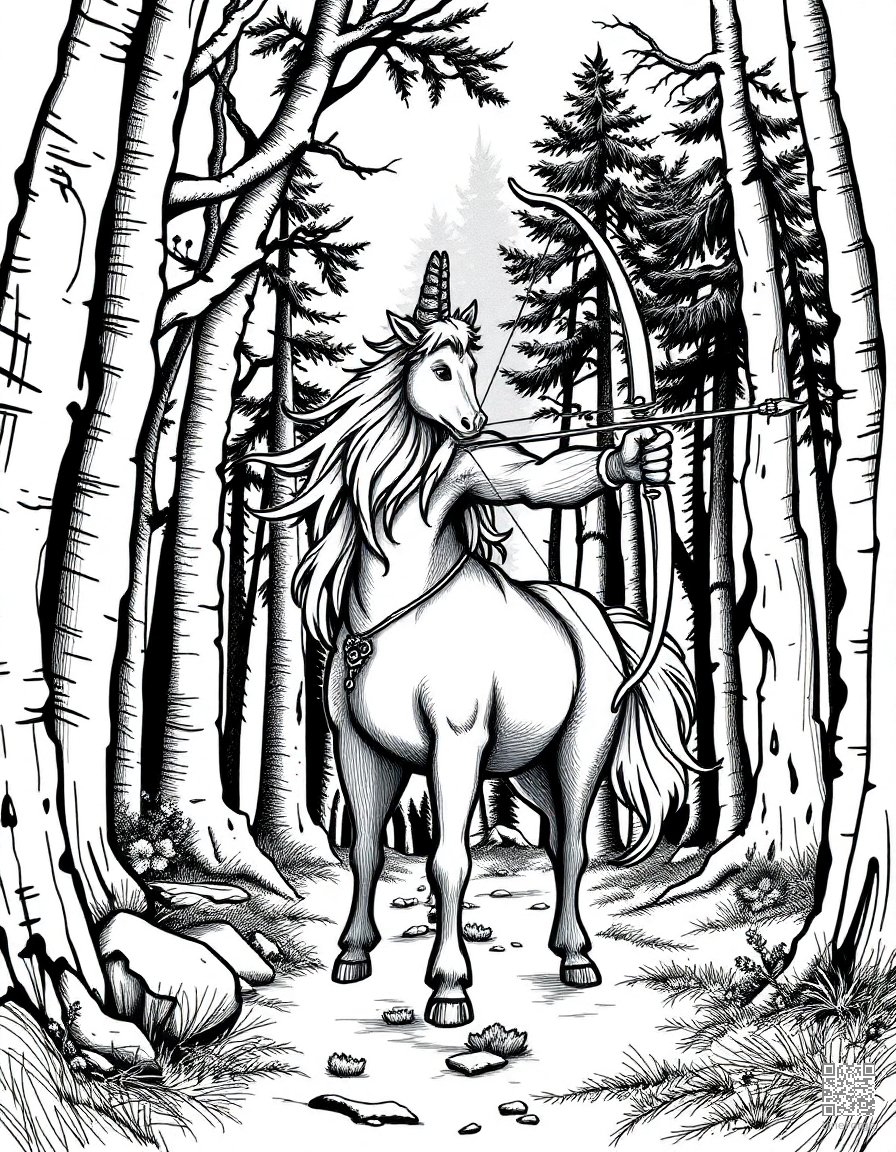 centaur teaching archery in a forest coloring page Crosshatch style - free printable