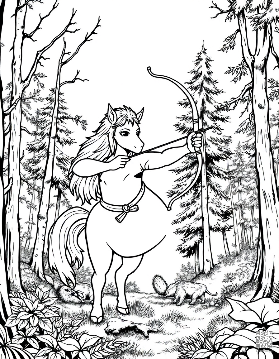 centaur teaching archery in a forest coloring page Manga style - free printable