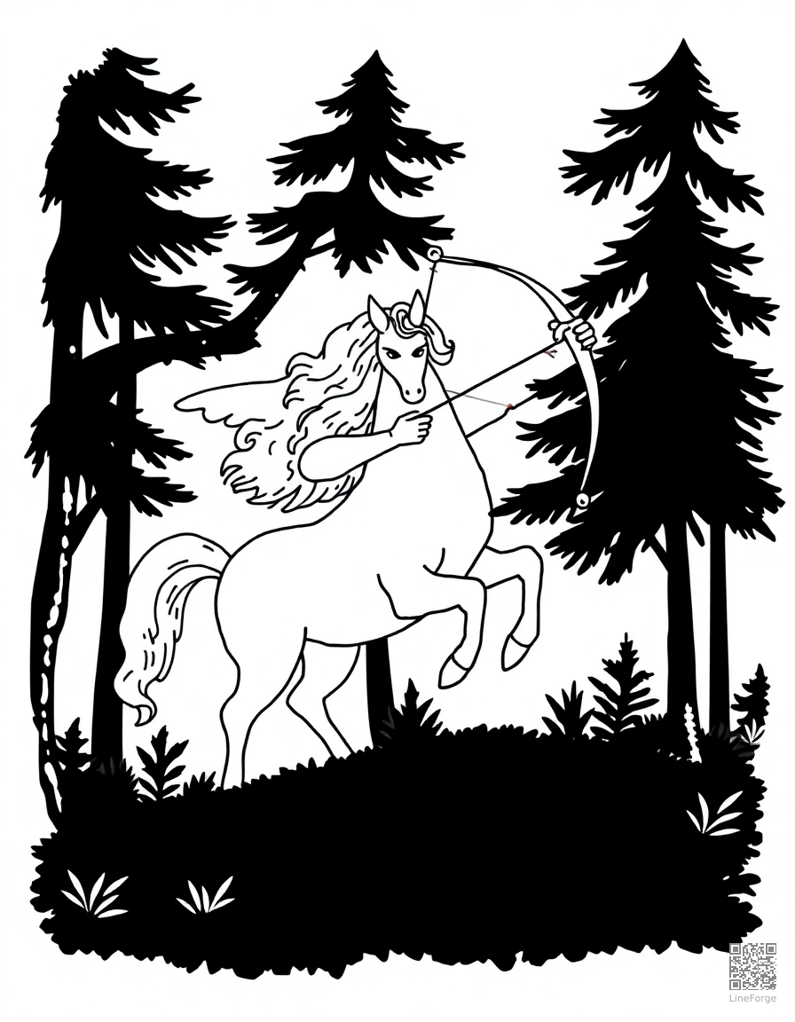 centaur teaching archery in a forest coloring page Stipple style - free printable
